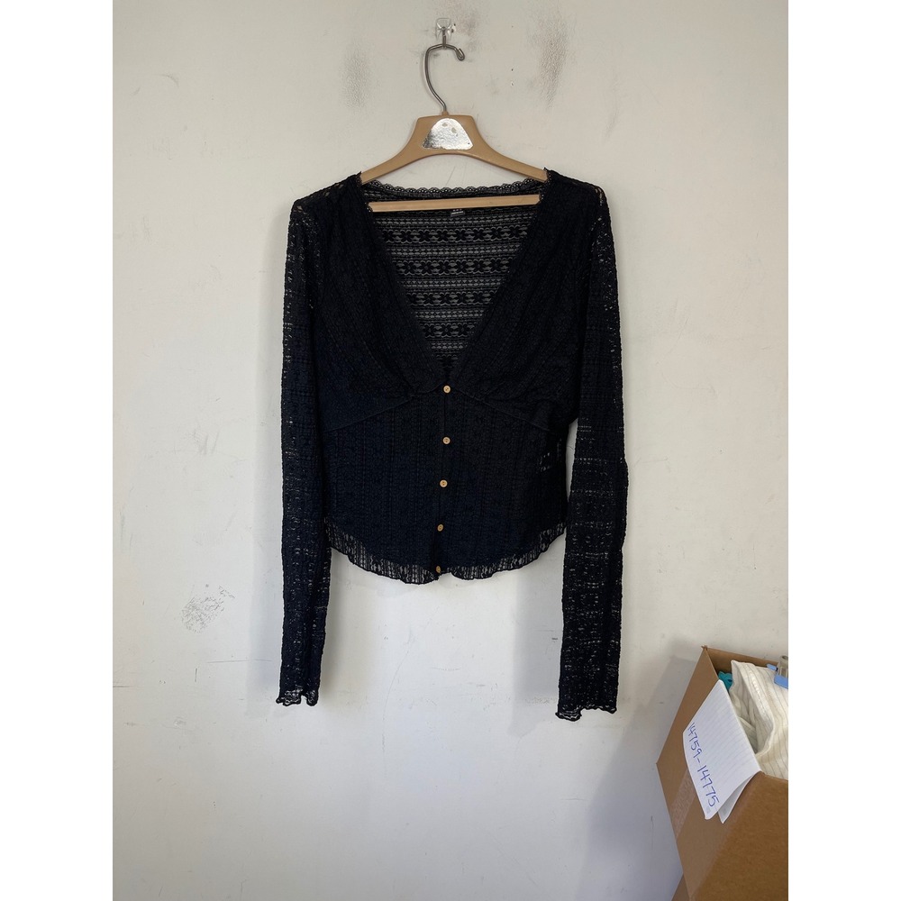 SHEIN Black Floral Lace Button Front V-Neck Long Sleeve Cardigan Top XL